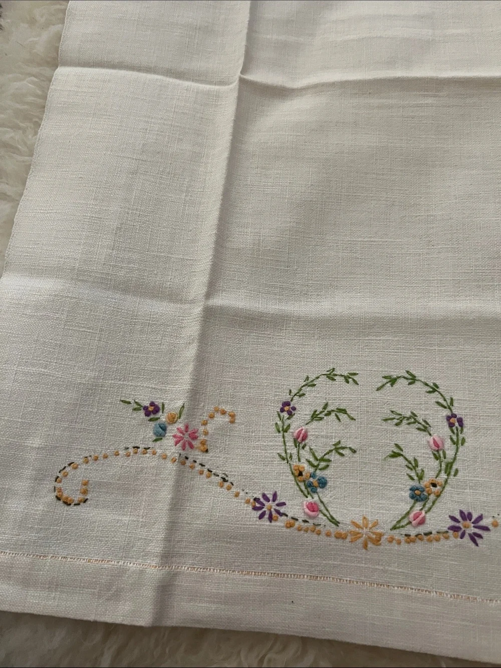 Embroidered Floral Linen Towel in White with Multicolor Flowers